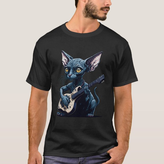 T-shirt Hairless Sphynx Cat playing guitar (Devant)