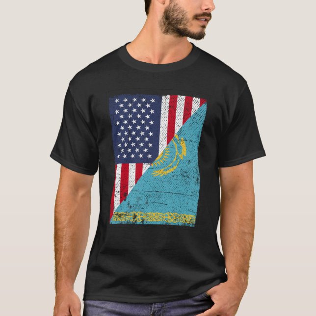 T-shirt Half USA Flag Half Kazakhstan Flag American Kasach (Devant)