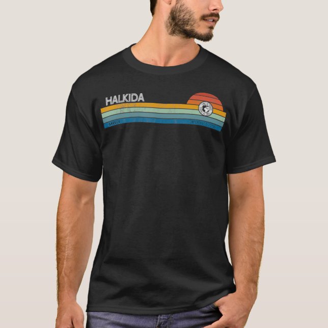 T-shirt Halkida Grèce Retro Sunset Rainbow Synth strié (Devant)