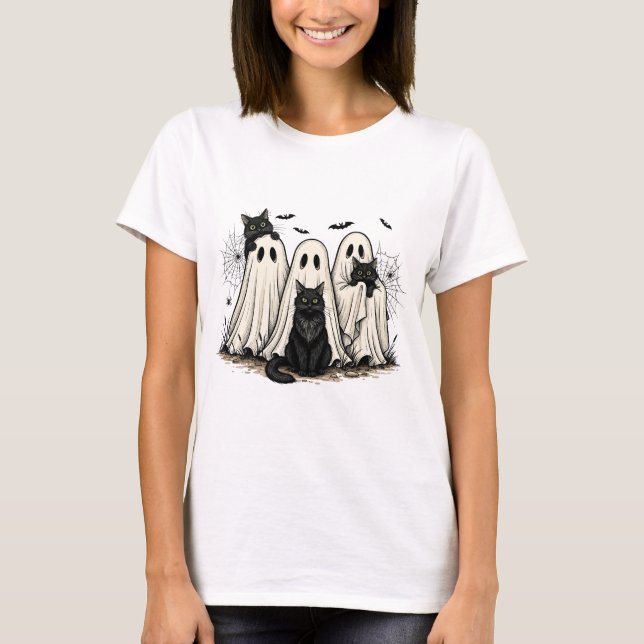T-shirt Halloween amusant - Fantôme et Chats noirs (Devant)