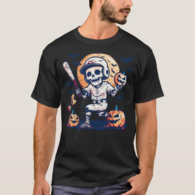 T-shirt Halloween Baseball Skeleton Holding A Baseball Bat (Devant)