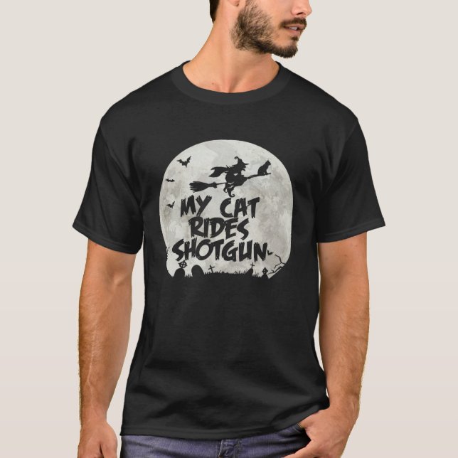 T-shirt Halloween cat My Cat Rides Shotgun (Devant)