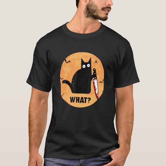 T-shirt Halloween Chat noir avec Chat couteau sanglant ce (Devant)