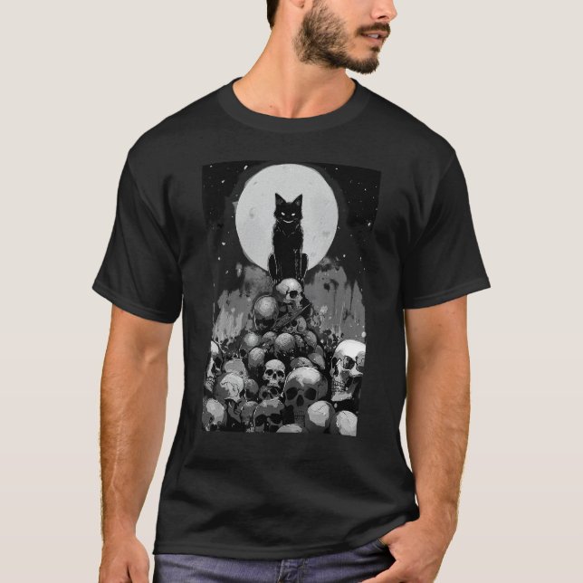 T-shirt Halloween chat noir démoniaque, crâne démons satan (Devant)