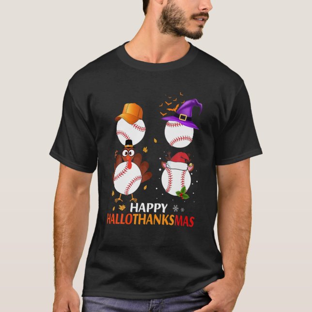 T-shirt Halloween De Baseball Et Joyeux Noël Happy Hallo (Devant)