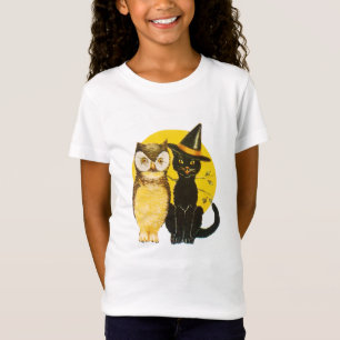 T-Shirt Halloween démodé, chat noir & hibou