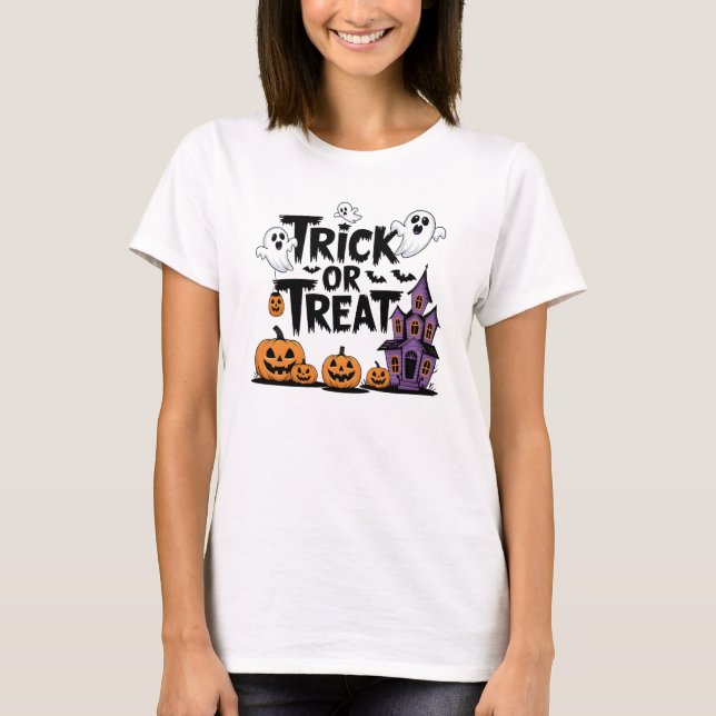 T-shirt Halloween éffrayant avec fantômes et citrouilles (Devant)