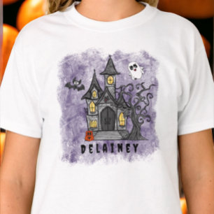 T-shirt Halloween Éffrayant Cute Haunted Maison violet