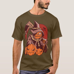 T-shirt halloween, épouvantail avec citrouilles et scythe,
