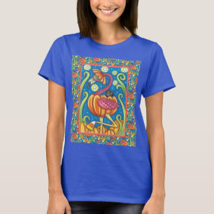 T-SHIRT HALLOWEEN FLAMANT ROSE ROSE & CHAT NOIR EN CITROUI