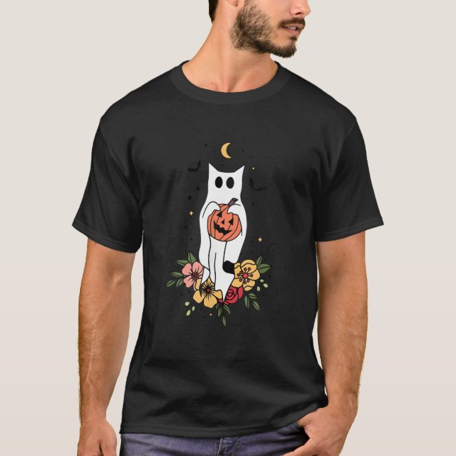 T-shirt Halloween Ghost Cat Scary Pumpkin Floral Cat (Devant)