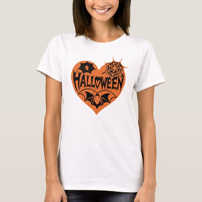 T-shirt Halloween Heart, Orange Heart Shape, Spider Web (Devant)