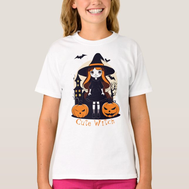 T-shirt Halloween jolie sorcière Citrouille chauves-souris (Devant)