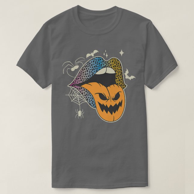 T-shirt Halloween Leopard Rainbow Lips Femmes Citrouille T (Design devant)