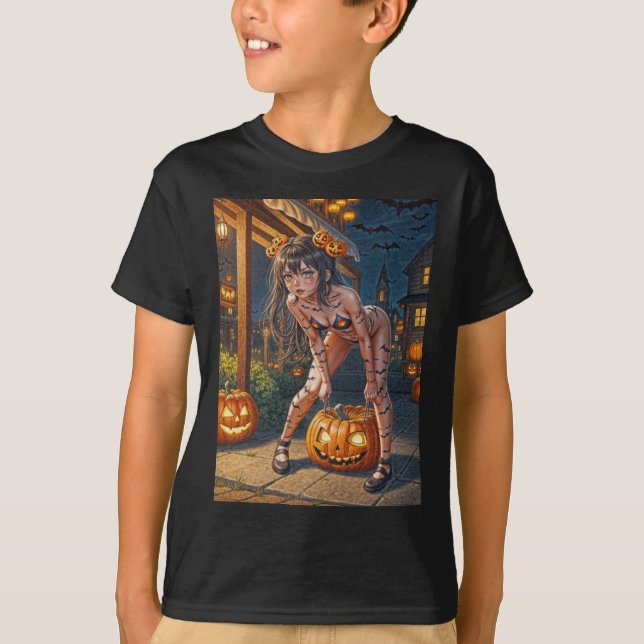 T-shirt Halloween Monster Jack-o-Lantern & Bat Vixen Girl (Devant)