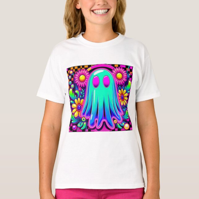 T-shirt Halloween néon floral rétro fantôme (Devant)