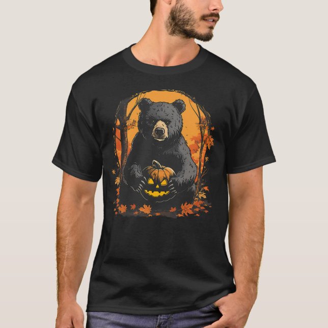 T-shirt Halloween Panda Bear Forest Autumn Leaves Pumpkin  (Devant)