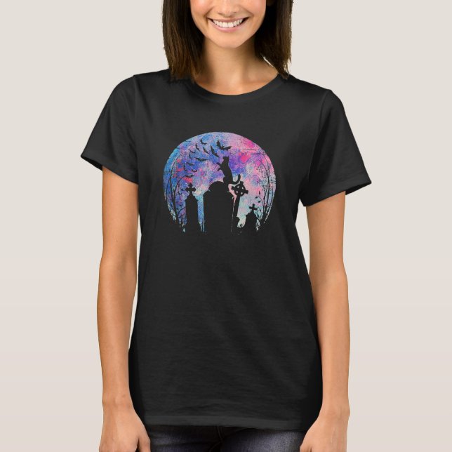 T-shirt Halloween Pleine lune Aquarelle Chat Sur Un Graves (Devant)