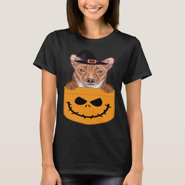T-shirt Halloween Pocket Basenji Scary Jack O Lantern (Devant)