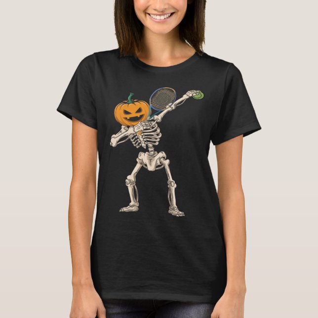 T-shirt Halloween Pumpkin Skeleton Tennis Dabbing (Devant)