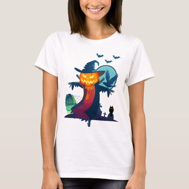 T-shirt Halloween Scarecrow With Bats Crow and Owl (Devant)