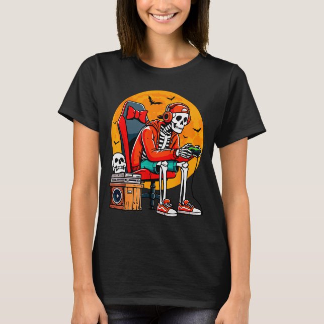 T-shirt Halloween Skeleton Gamer Funny Video Gaming Hallow (Devant)