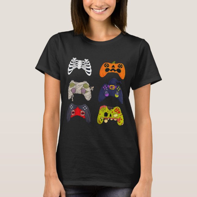 T-shirt Halloween Skeleton Zombie Gaming Controllers  (Devant)