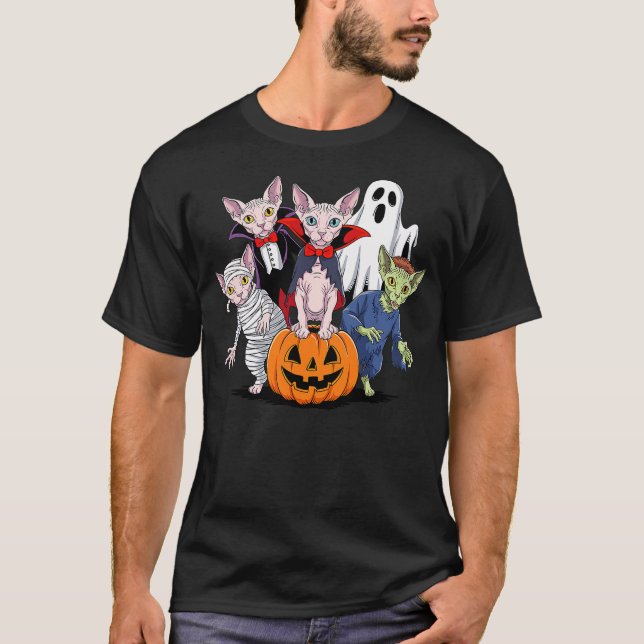 T-shirt Halloween Sphynx Cat Ghost Vampire Mummy (Devant)
