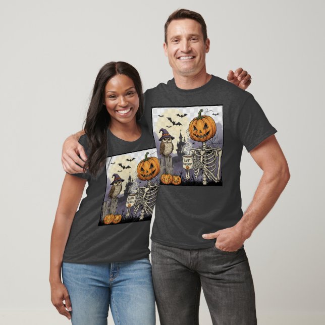 T-shirt Halloween Squelette Citrouille Owl Dark Graphic T- (Unisexe)