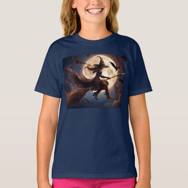 T-shirt Halloween Steampunk Witch Vol au clair de lune (Devant)