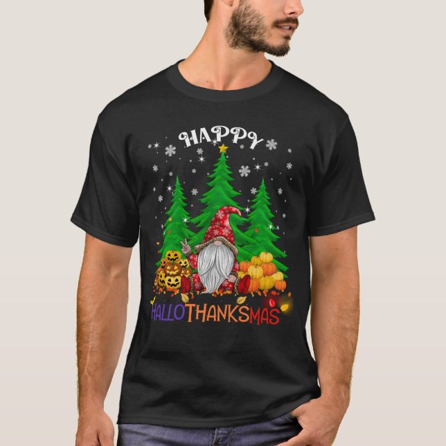 T-shirt Halloween Thanksgiving Christmas Gnome (Devant)