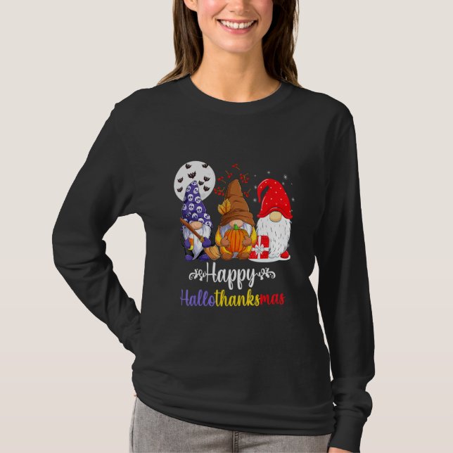 T-shirt Halloween Thanksgiving Christmas Happy HalloThanks (Devant)