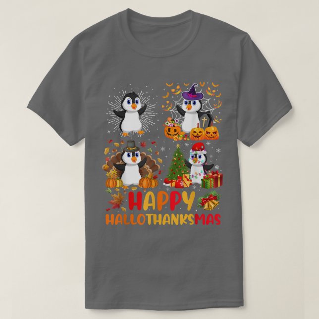 T-shirt Halloween Thanksgiving Christmas Penguin Hallothan (Design devant)