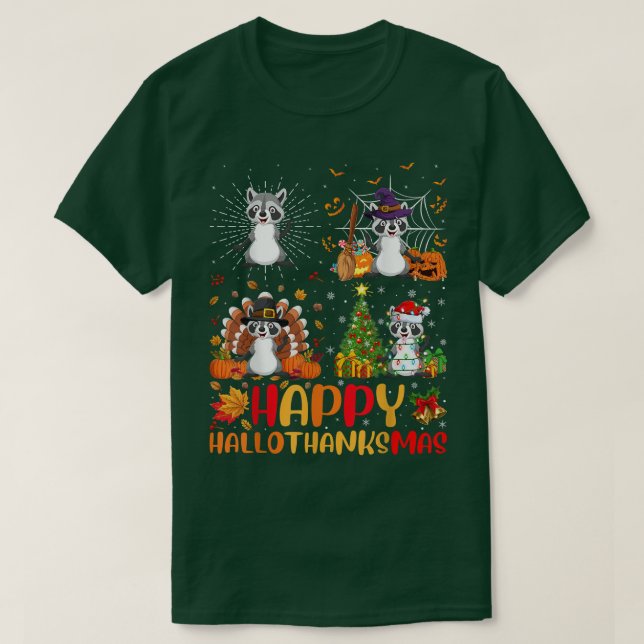 T-shirt Halloween Thanksgiving Noël Raccoon Hallothan (Design devant)