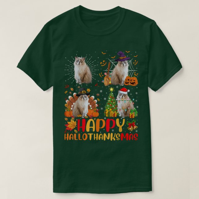 T-shirt Halloween Thanksgiving Noël Ragdoll Hallothan (Design devant)