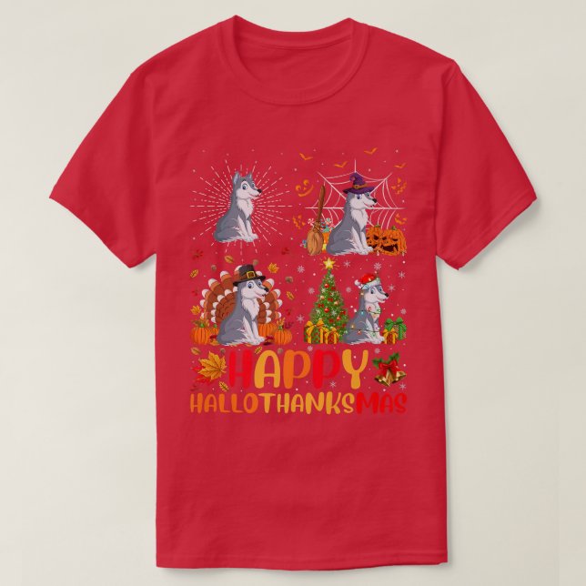 T-shirt Halloween Thanksgiving Noël Wolf Hallothanksm (Design devant)
