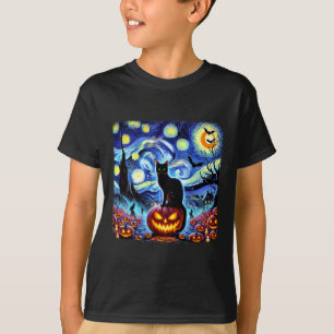 T-shirt Halloween Van Gogh Starry Night Chat noir Citrouil