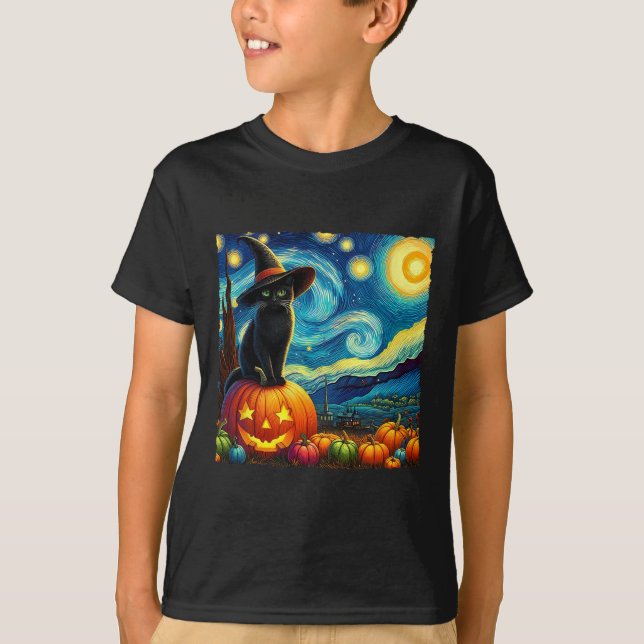 T-shirt Halloween Van Gogh Starry Nuit Noir Chat Sorcière  (Devant)