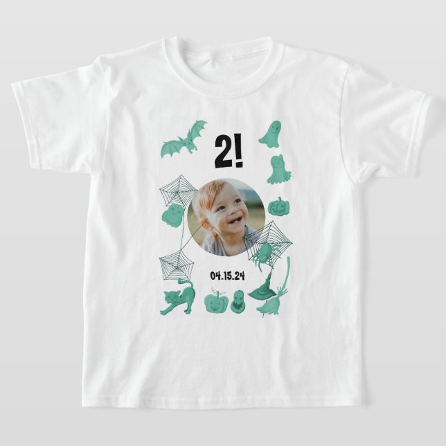 T-shirt Halloween vert personnalisé avec photo, âge et ann (Poser)