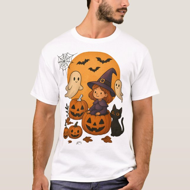 T-shirt Halloween Witch Design with Ghosts, Pumpkins  (Devant)
