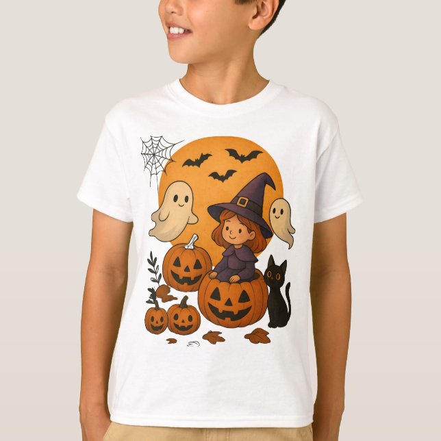 T-shirt Halloween Witch Design with Ghosts, Pumpkins (Devant)