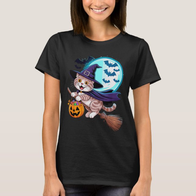 T-shirt Halloween Witch Scottish Fold Moon Coupari  (Devant)
