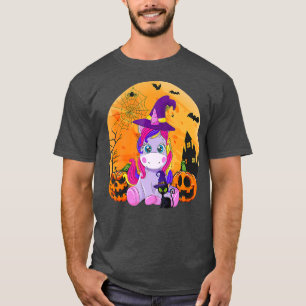 T-shirt Halloween Witchy Unicorn Black Cat Citrouille Girl