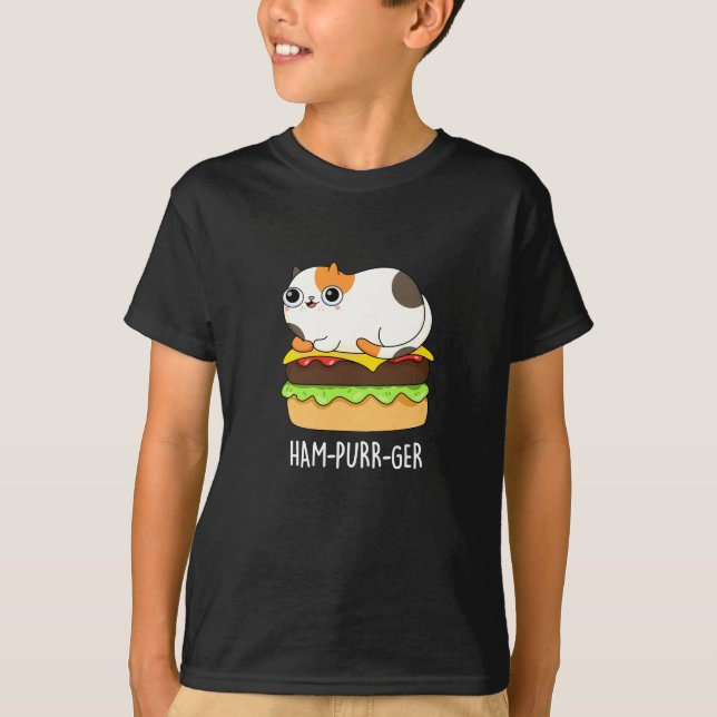 T-shirt Ham-Purr-Ger Funny Chat Hamburger Pun Dark BG (Devant)