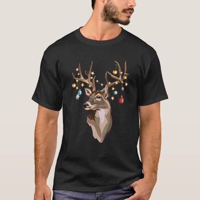 T-shirt Hand Drawn White-Tailed Buck Deer Antlers Christma (Devant)