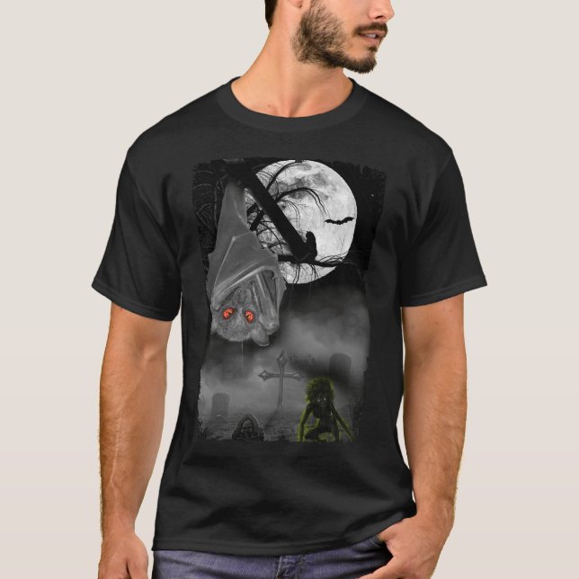 T-shirt Hanging Bat Graveyard Zombie Horror Moon (Devant)