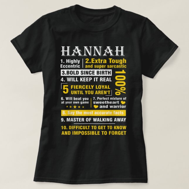 T-shirt HANNAH Highly Excentric 10 Faits Chemise Prénom (Design devant)