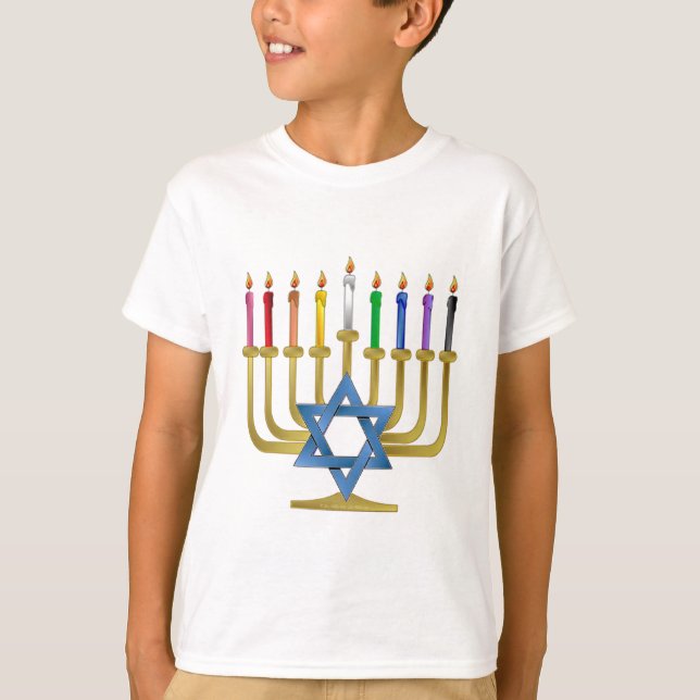 T-shirt Hanoukka Rainbow Candles Gold Menorah (Devant)