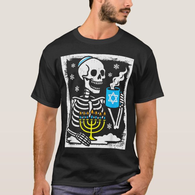 T-shirt Hanukkah Skeleton Coffee Dreidel Jewish Menorah Ch (Devant)