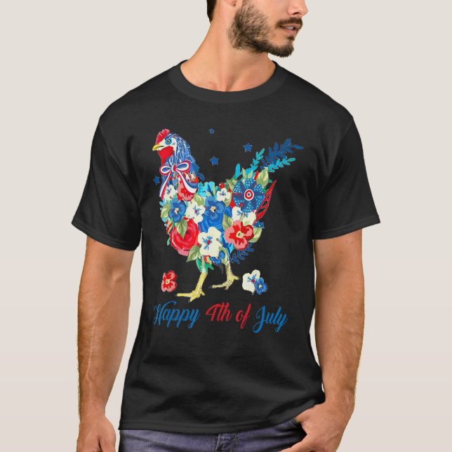T-shirt Happy 4th Of July Floral Chicken Flowers Patriotic (Devant)